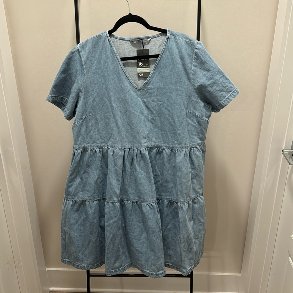 Short Sleeved Tiered Denim Mini Dress